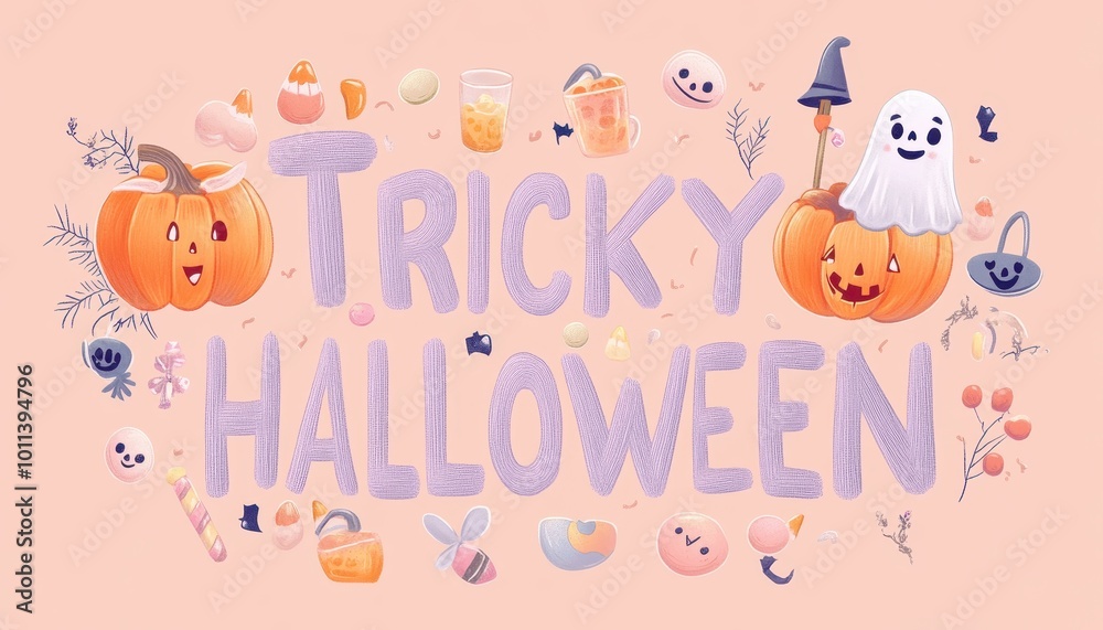 Halloween Greeting with Pumpkins, a Ghost, and Purple Letters Halloween Greeting with Pumpkins, a Ghost, and Purple Letters