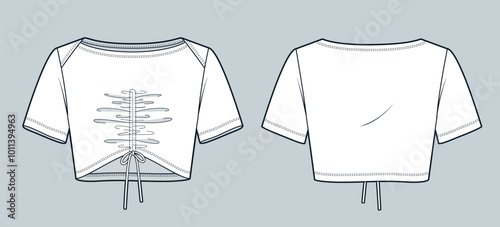 Draped Top technical fashion illustration. Draped crop Tee Shirt fashion flat technical drawing template, boat neck, front and back view, white, slim fit, women CAD mockup.