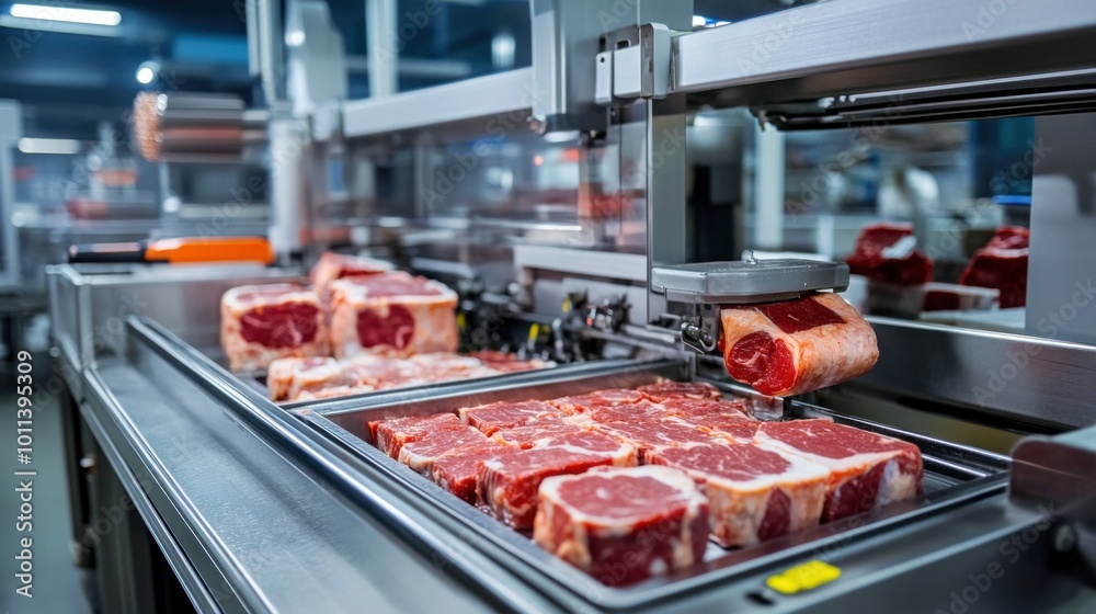 Meat processing equipment slicing and packaging meat products in a cold environment, ensuring food safety and hygiene standards Meat processing equipment slicing and packaging meat products in a cold environment, ensuring food safety and hygiene standards