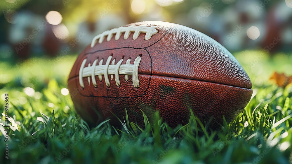 A close-up shot of an American football resting on green grass, illuminated by soft natural sunlight, with a blurred background of more footballs and warm sunlight bokeh A close-up shot of an American football resting on green grass, illuminated by soft natural sunlight, with a blurred background of more footballs and warm sunlight bokeh