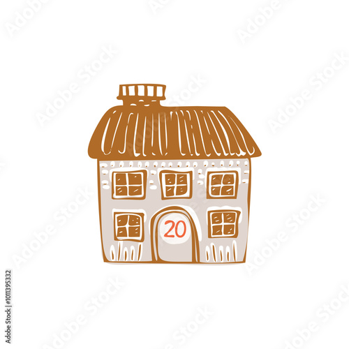 Whimsical Advent Calendar cottage door with numbers for december festive Christmas countdown. Winter holiday social media promotion campaign, festive sales and cute hand drawn festive home card design