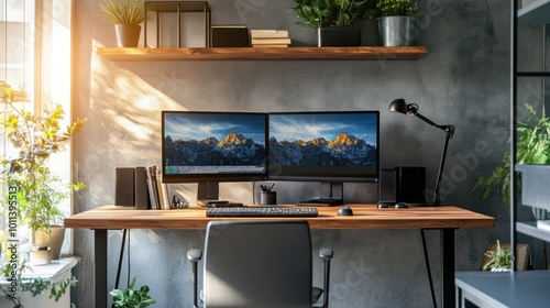 Modern home office setup for remote work, equipped with ergonomic furniture, dual monitors, and productivity-boosting tools, creating an efficient work-from-home environment photo