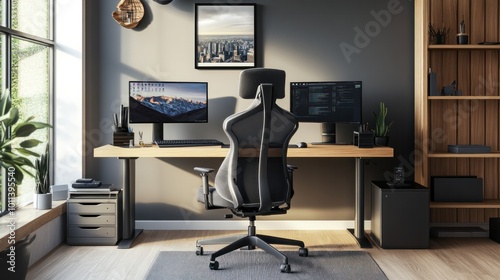 Modern work from home setup with ergonomic furniture, dual monitors, photo