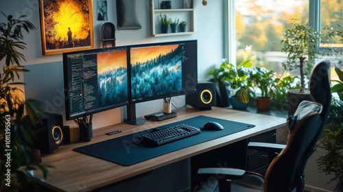 Modern work-from-home setup with ergonomic furniture, dual monitors, and productivity tools enhancing comfort and efficiency, perfect for long hours of remote work