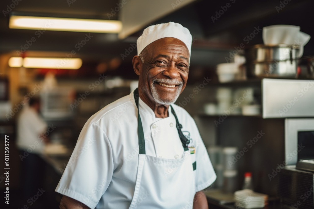 Smiling portrait of a senior male chef in professional kitchen Smiling portrait of a senior male chef in professional kitchen