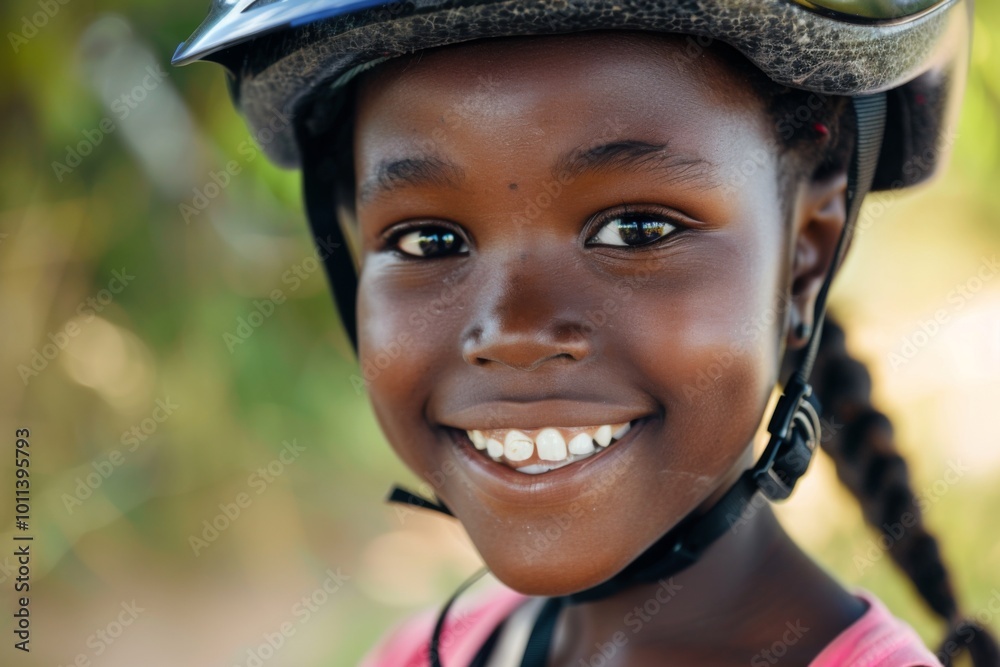 Fototapeta premium Portrait of a smiling girl with bicycle helmet