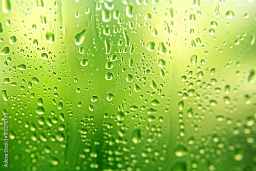  rain drops on glass, blurred natural background of foliage in the background