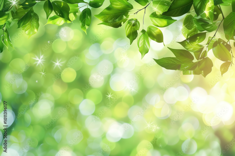 Spring blurred background with twigs and leaves