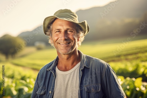 Portrait of a smiling middle aged Caucasian man on farm