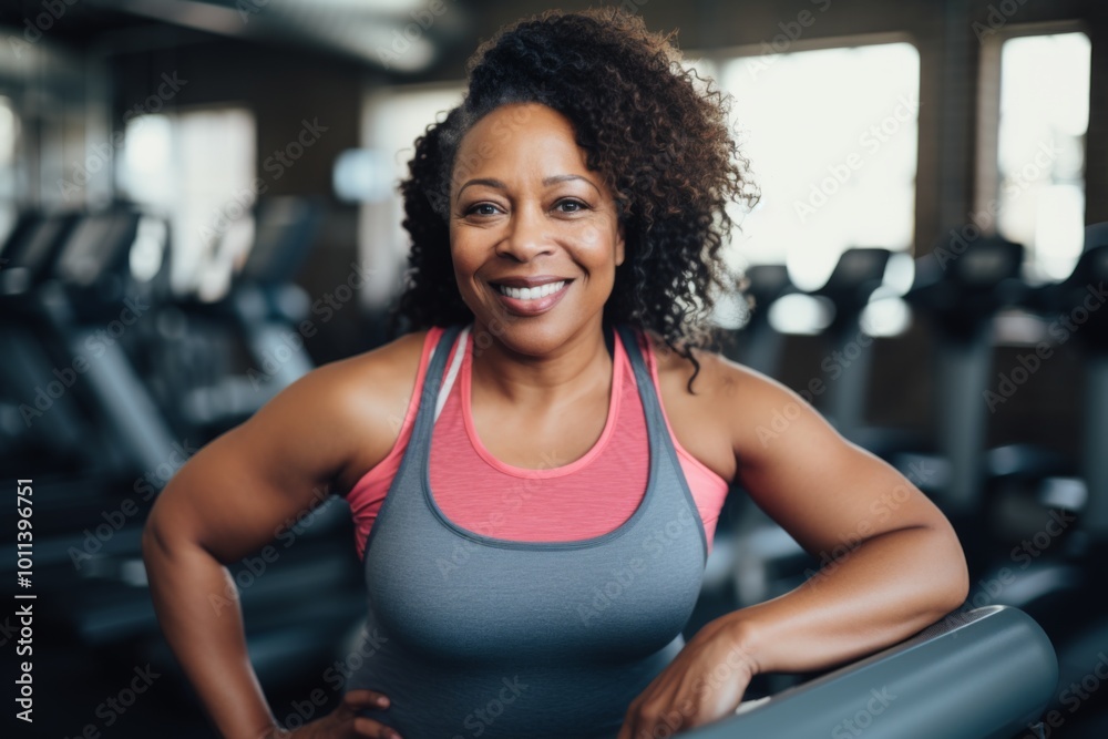 Smiling portrait of a slightly overweight African American woman in gym Smiling portrait of a slightly overweight African American woman in gym