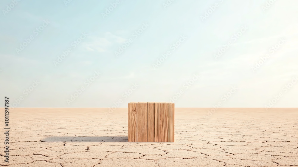 Fototapeta premium A wooden cube on cracked desert ground under a clear sky, symbolizing isolation and simplicity in a barren landscape.