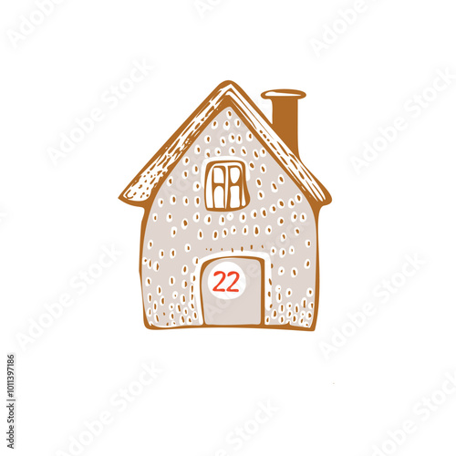 Whimsical Advent Calendar cottage door with numbers for december festive Christmas countdown. Winter holiday social media promotion campaign, festive sales and cute hand drawn festive home card design