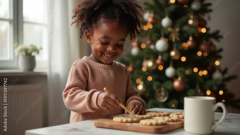 A joyful child decorating holiday cookies in a cozy kitchen next to a beautifully lit Christmas tree A joyful child decorating holiday cookies in a cozy kitchen next to a beautifully lit Christmas tree
