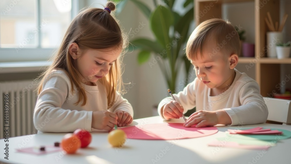 Fototapeta premium Children engaged in creative art activity using colored paper and supplies during a sunny afternoon indoors