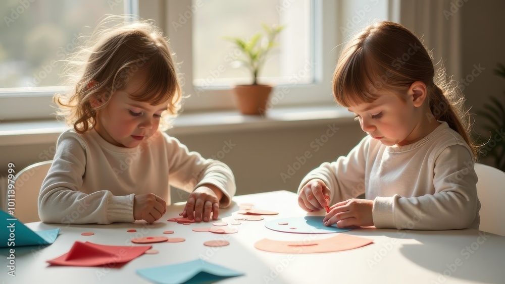 Two young girls engaging in creative crafting with colorful paper in a sunlit room during the afternoon Two young girls engaging in creative crafting with colorful paper in a sunlit room during the afternoon