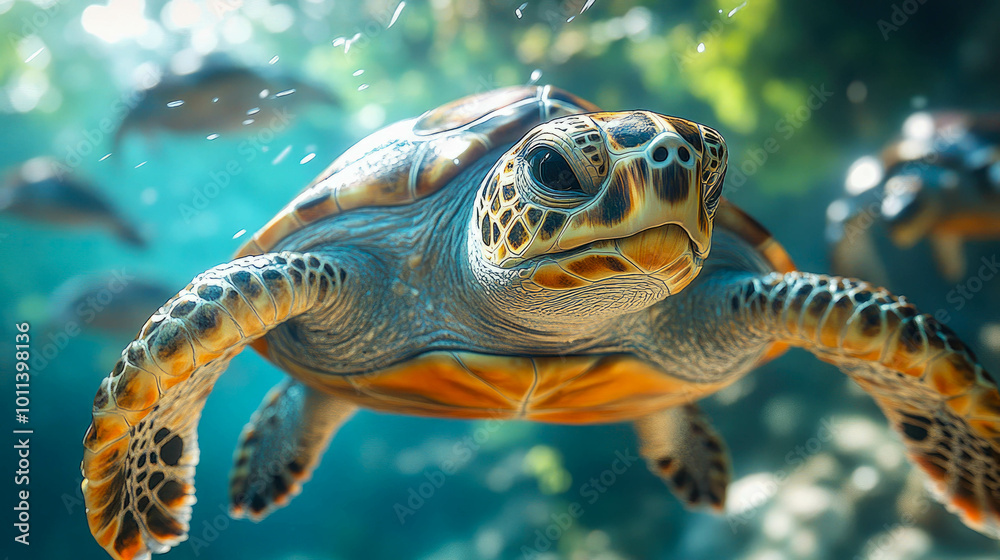 Obraz premium A close-up of a turtle's face as it looks directly at the camera, floating in the water