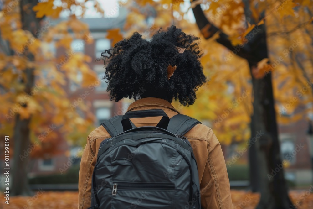 Back view of a black female student with backpack standing on college campus at fall Back view of a black female student with backpack standing on college campus at fall