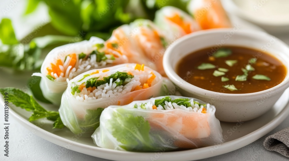 A plate of fresh spring rolls with dipping sauce, garnished with herbs. A plate of fresh spring rolls with dipping sauce, garnished with herbs.