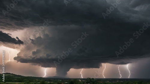 A powerful thunderstorm approaching, with massive, swirling clouds in shades of gray and black, and lightning flashing in the distance 