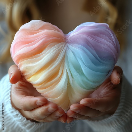 Tulle Heart in Pastel Rainbow Colors, Soft Lighting, Romantic Style, Held in Hands, Valentine's Day Concept 