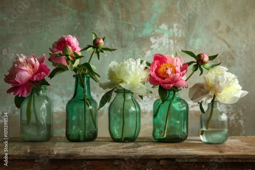 Fototapeta Naklejka Na Ścianę i Meble -  photograph of Single peonies in green glass vases