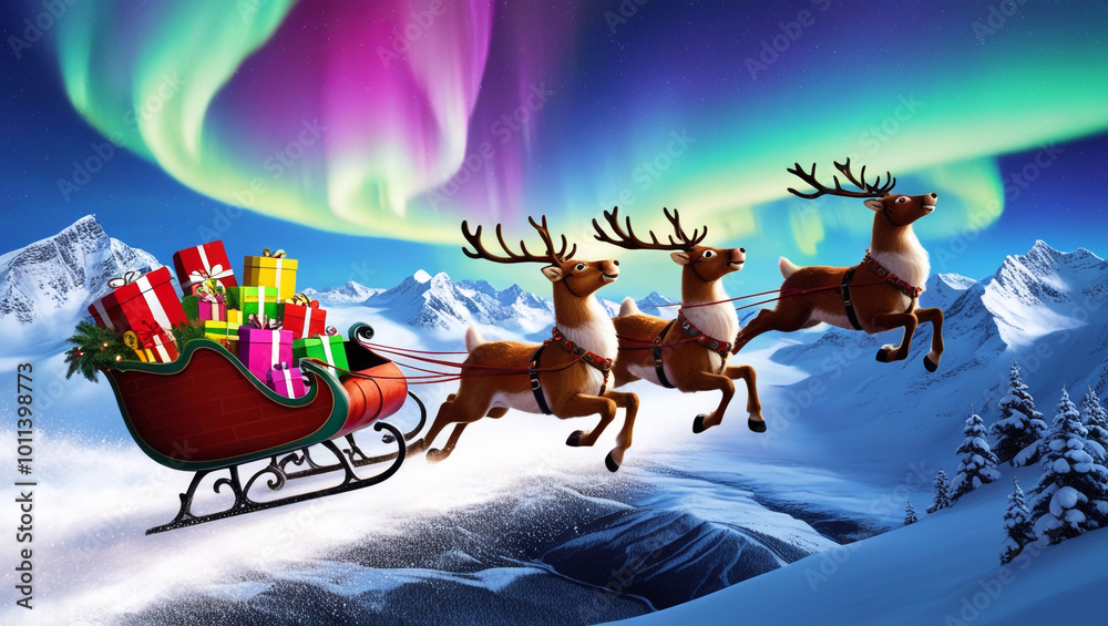 Fototapeta premium Santa’s Reindeer Flying Over Snow-Capped Mountains with Northern Lights and Magic Sleigh With Santa clause Generative AI