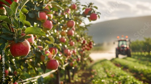 photograph of Spraying apple orchard to protect against disease and insects. Apple fruit tree spraying with a tractor and agricultural machinery photo