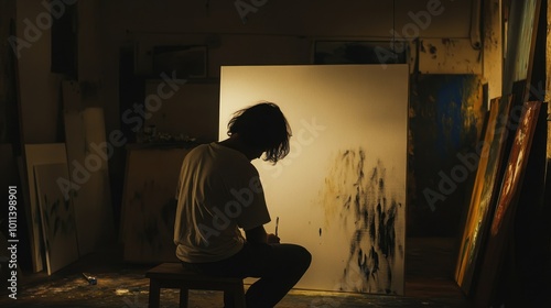 artist sitting in front of unfinished canvas, immersed in creativity and contemplation. dimly lit studio enhances atmosphere of inspiration and artistic expression