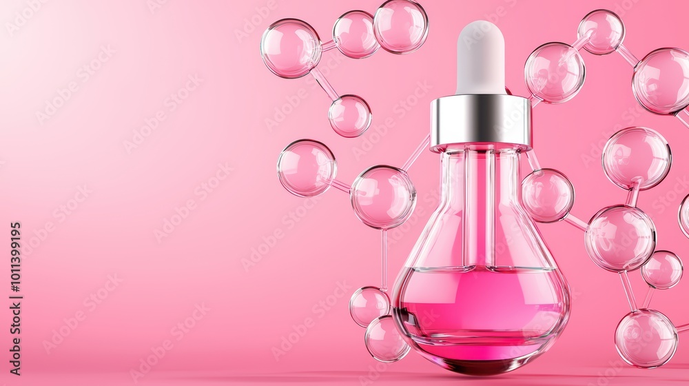 Pink serum bottle with bubbles on a pastel pink background. Pink serum bottle with bubbles on a pastel pink background.
