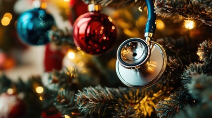 Stethoscope hanging among colorful Christmas ornaments on a festive holiday tree during the celebration season