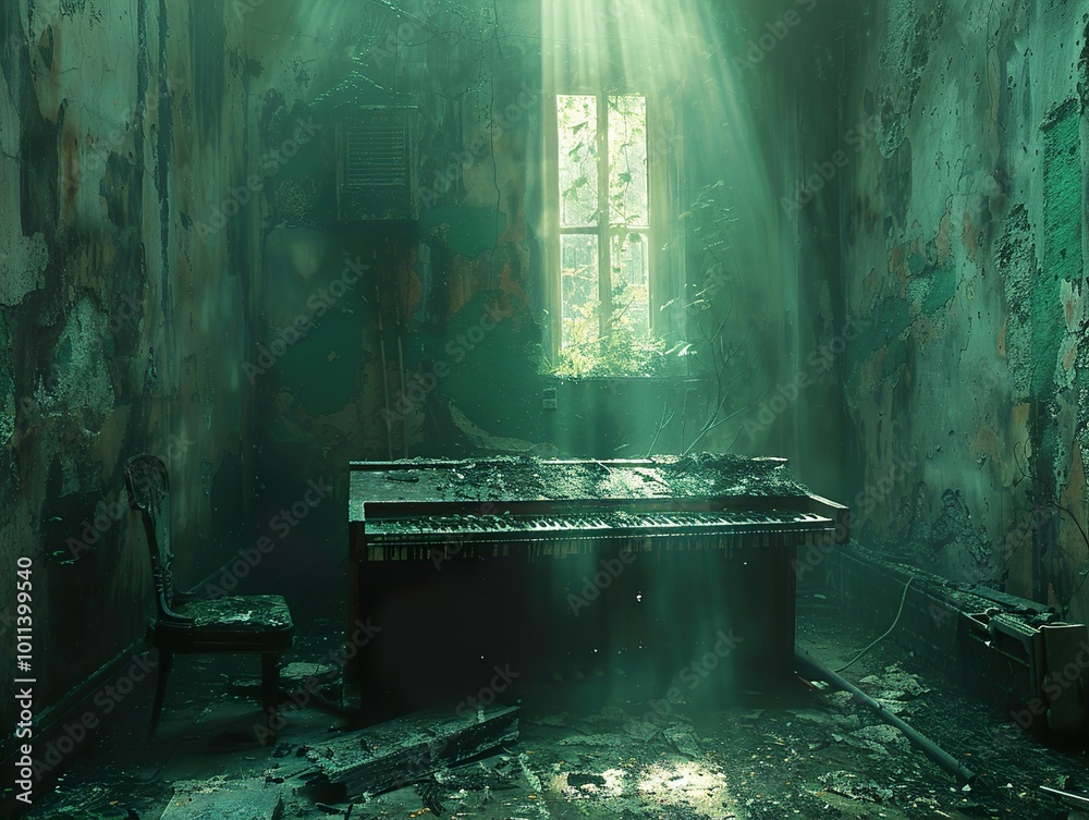 Sunbeams Illuminate a Forgotten Piano in an Abandoned Building