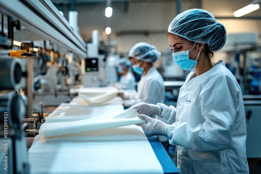 Obraz premium Workers in a modern factory producing medical-grade fabrics, such as bandages and gauze, with automated equipment ensuring consistency and quality across all products