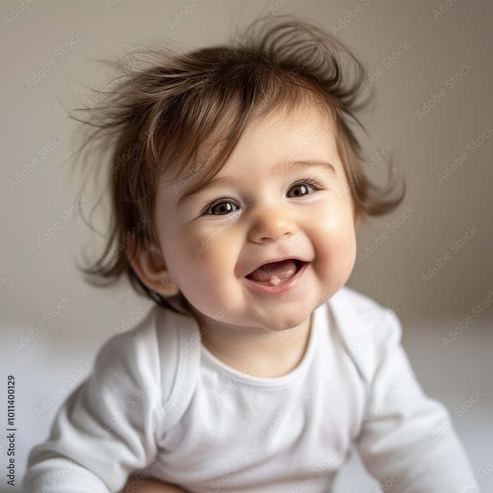 Adorable Turkish baby with brown hair smiling joyfully in a white onesie, radiating happiness and innocence Adorable Turkish baby with brown hair smiling joyfully in a white onesie, radiating happiness and innocence