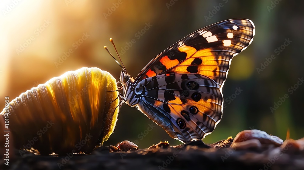 Obraz premium Close-up of a butterfly in a sunlit forest, showcasing vivid colors and intricate wing patterns. Nature's beauty at its finest.