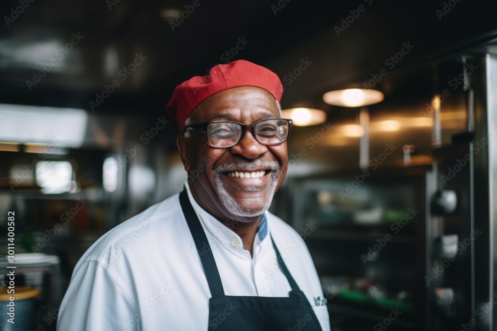 Smiling portrait of a senior male chef in professional kitchen Smiling portrait of a senior male chef in professional kitchen