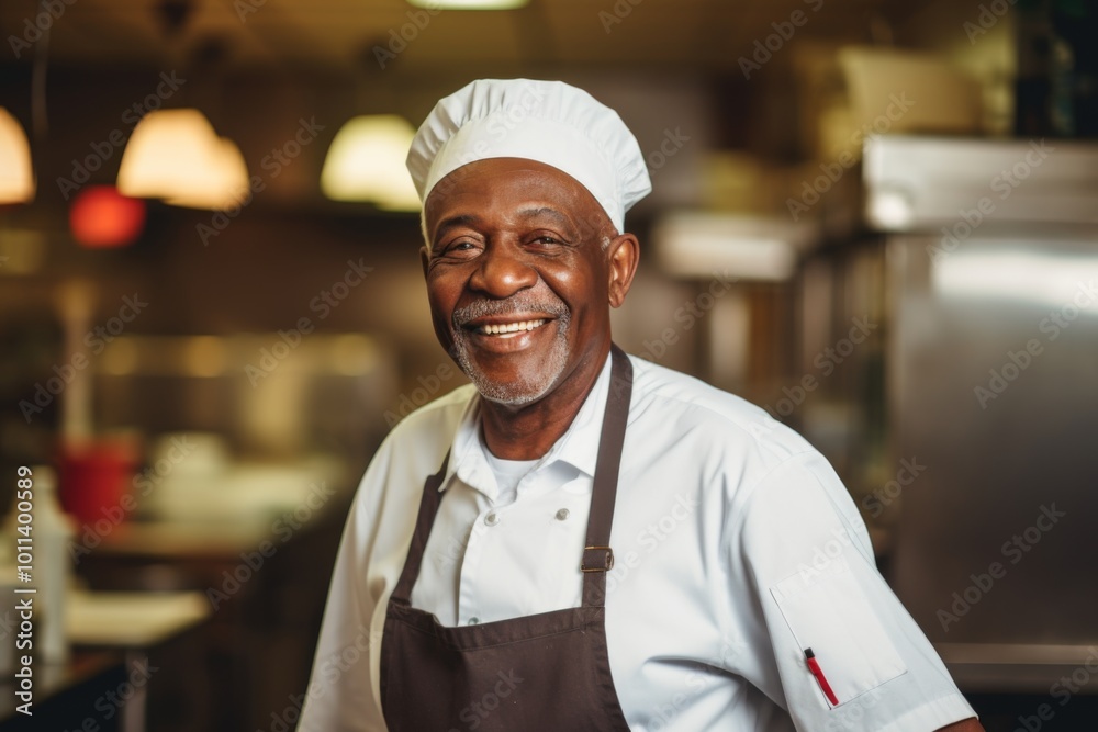 Smiling portrait of a senior male chef in professional kitchen Smiling portrait of a senior male chef in professional kitchen