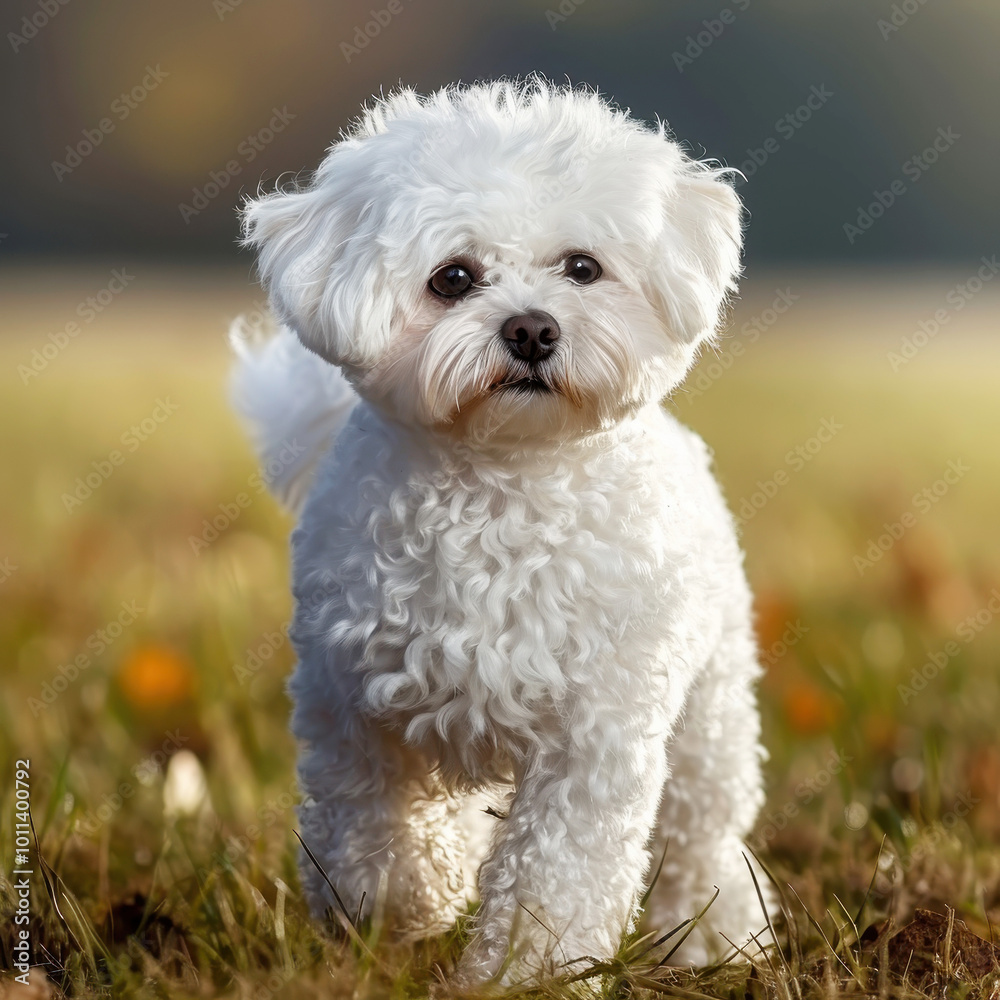 Bichon Frise dog standing in a sunlit field with a curious expression, showcasing its fluffy white fur and playful nature Bichon Frise dog standing in a sunlit field with a curious expression, showcasing its fluffy white fur and playful nature