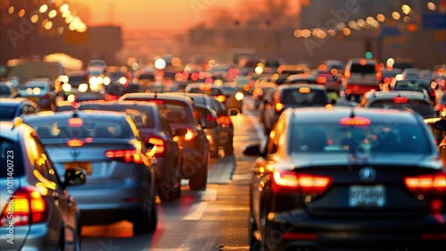 A busy highway scene during sunset, with numerous cars stuck in traffic and evening lights illuminating the surroundings.