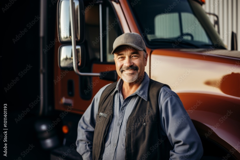 Smiling portrait of a middle aged male Caucasian truck driver Smiling portrait of a middle aged male Caucasian truck driver