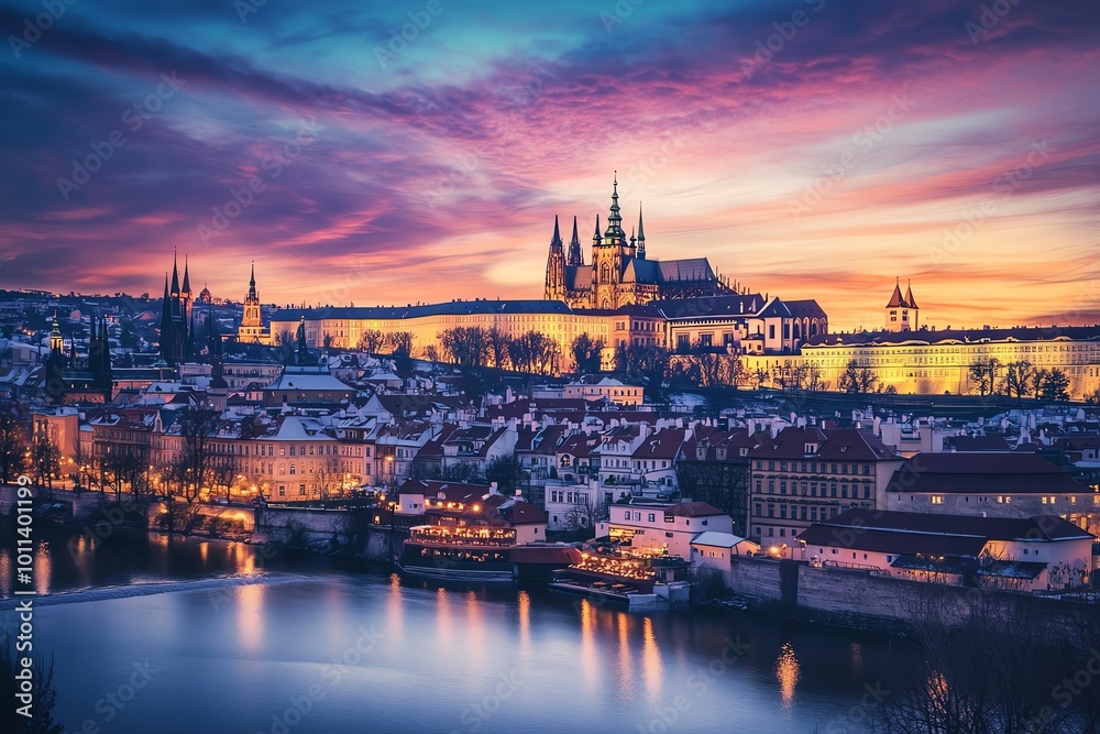 Fototapeta premium Vast cityscape blending Gothic cathedrals, floating islands, and vibrant auroras, enchanting twilight sky