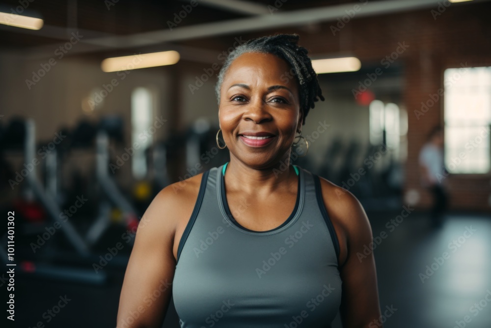 Smiling portrait of a slightly overweight African American woman in gym Smiling portrait of a slightly overweight African American woman in gym