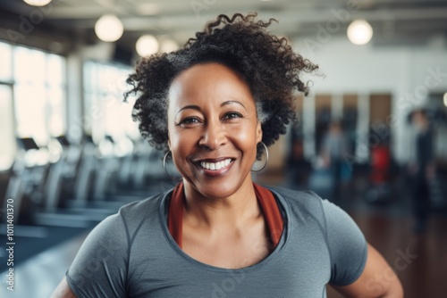 Smiling portrait of a slightly overweight African American woman in gym