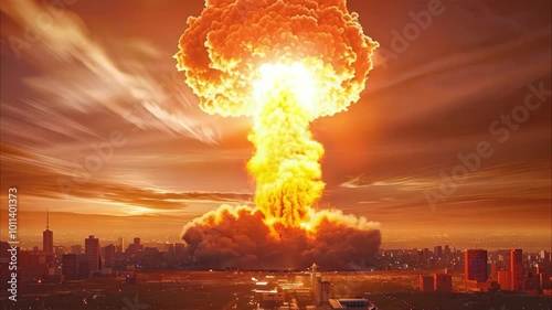 A large mushroom cloud from an explosion rises dramatically over a city skyline during a sunset. photo