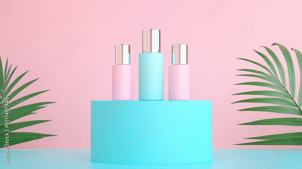 Three stylish cosmetic bottles on a pastel pedestal with tropical leaves.