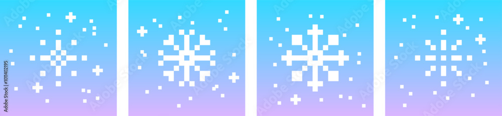Minimalist winter season cards. Pixel snowflake in pixel art. Xmas elements. Mood of 90's aesthetics. Gradient. 8-bit retro style vector illustration. Simple geometric form. Christmas, New Year design Minimalist winter season cards. Pixel snowflake in pixel art. Xmas elements. Mood of 90's aesthetics. Gradient. 8-bit retro style vector illustration. Simple geometric form. Christmas, New Year design
