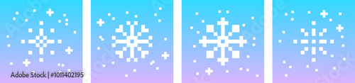 Minimalist winter season cards. Pixel snowflake in pixel art. Xmas elements. Mood of 90's aesthetics. Gradient. 8-bit retro style vector illustration. Simple geometric form. Christmas, New Year design