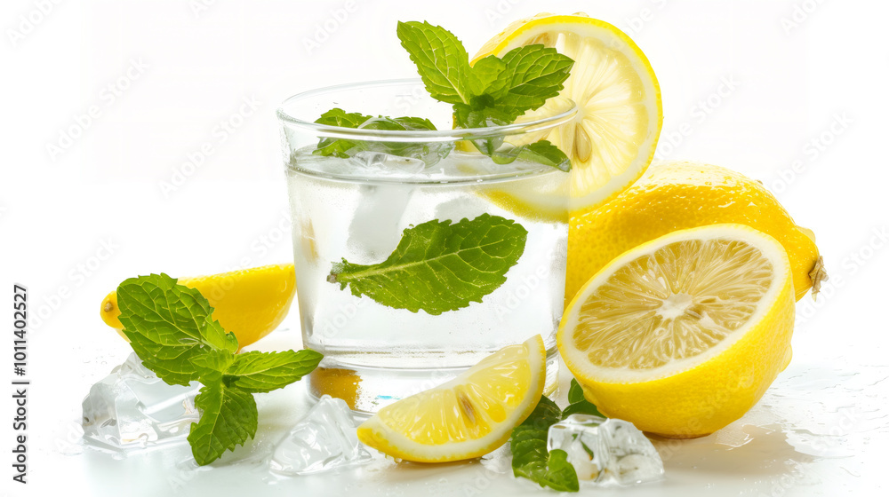 citrus infused drink, glass of lemon water with mint leaves on white background citrus infused drink, glass of lemon water with mint leaves on white background