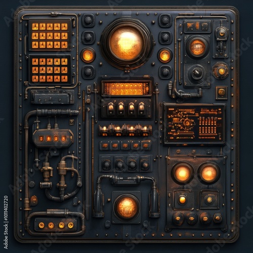 The back frame of a sci-fi radio card template is steampunk biomechanical texture design.