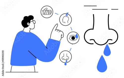 Man pointing at health icons representing throat and head pain, eye irritation, and a runny nose. Ideal for medical advice, health awareness, cold symptoms, healthcare education, and infographic