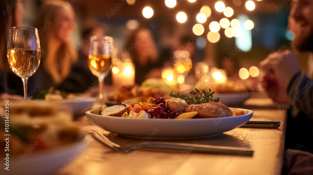 People of different faiths enjoy a diverse meal together, sharing laughter and conversation in a cozy setting People of different faiths enjoy a diverse meal together, sharing laughter and conversation in a cozy setting